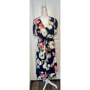 GAP Floral Wrap Dress Womens Large Navy Coral‎ Green Short Sleeve Tie Waist Midi